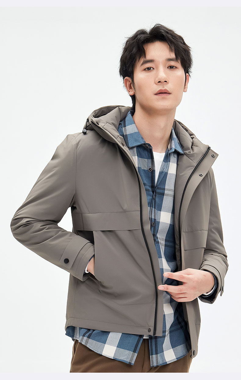 爱登堡男士羽绒服短款秋冬时尚连帽派克百搭潮流冬装工装外套卡其170m