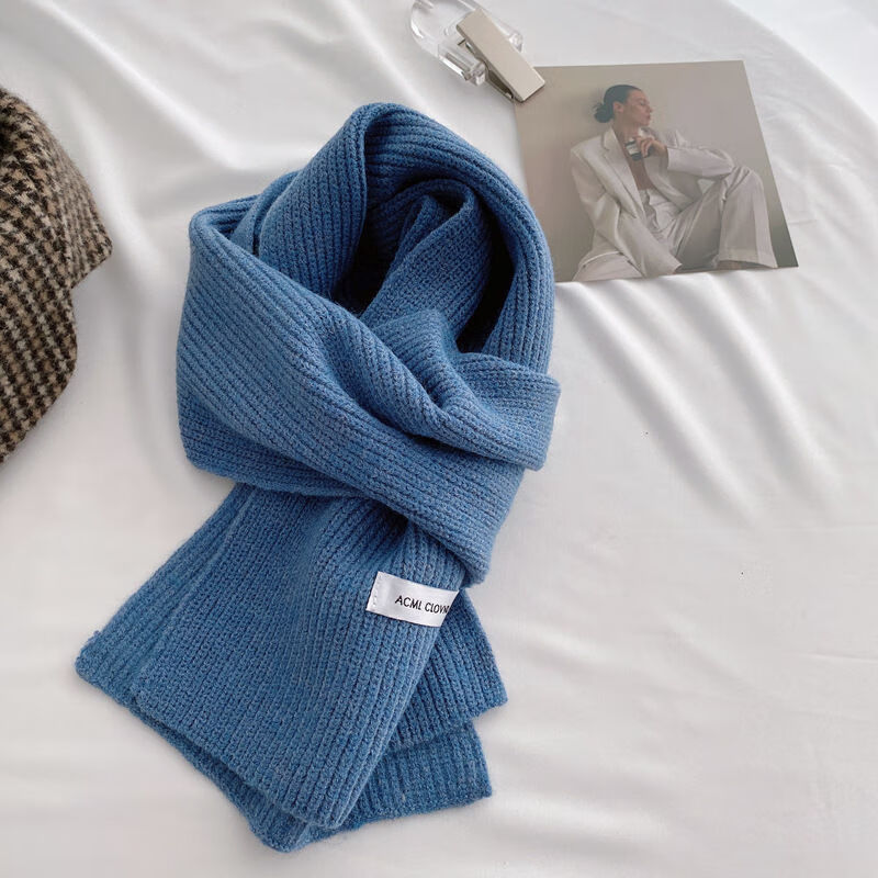 新品克莱因蓝围巾21秋冬季新款针织毛线元宝针加厚纯色克莱因蓝围巾女