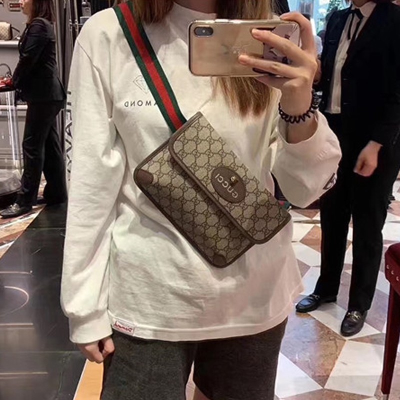 gucci古驰虎头包男包女包双g纹胸包腰包涂层帆布经典红绿带斜挎包生日