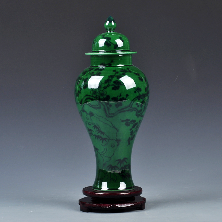 绿釉家居花瓶摆件仿古花瓶青花瓷瓶双耳瓶中式工艺品花千紫小号翠绿