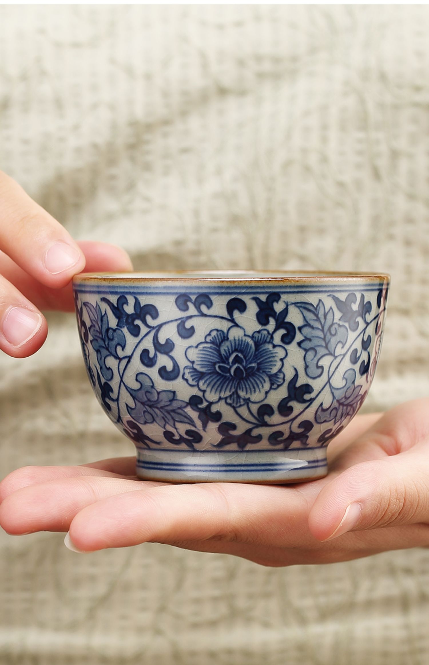 神州之韵青花瓷缠枝莲主人杯柴烧景德镇单杯茶杯个人专用品茗杯老陶泥