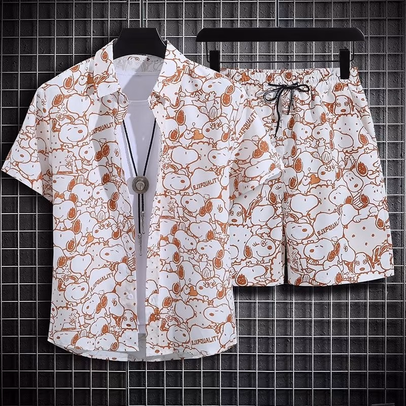 Casual Printed Shirt Men's Summer Beach Shorts Short-sleeved Two-piece Suit Loose Trend Handsome Hawaiian Vacation Shirt Men_viptrois.com