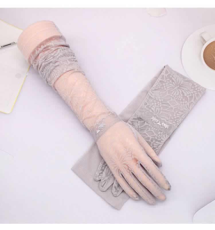 夏天防晒手套女夏冰丝开车季薄薄款蕾丝薄手臂套透气防细雪之舞f款