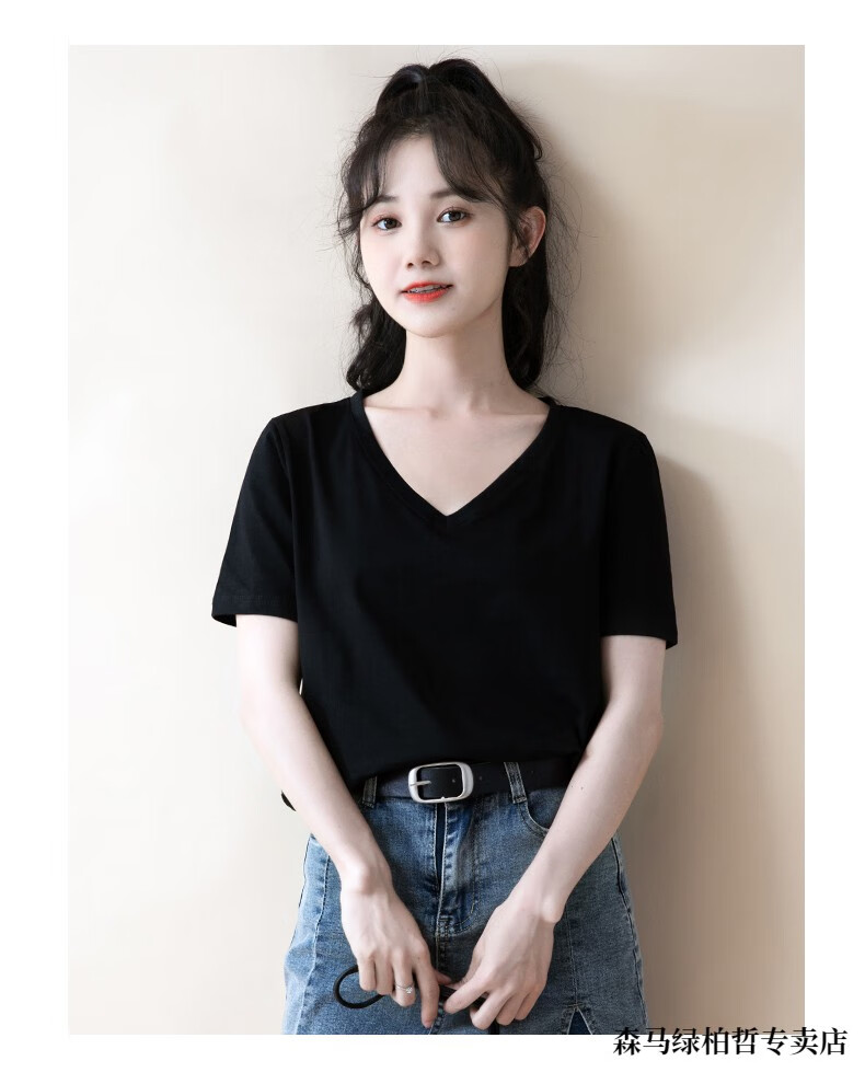 森马黑色t恤女短袖少女高中生女生2022年夏季新款宽松正肩显瘦露锁骨v