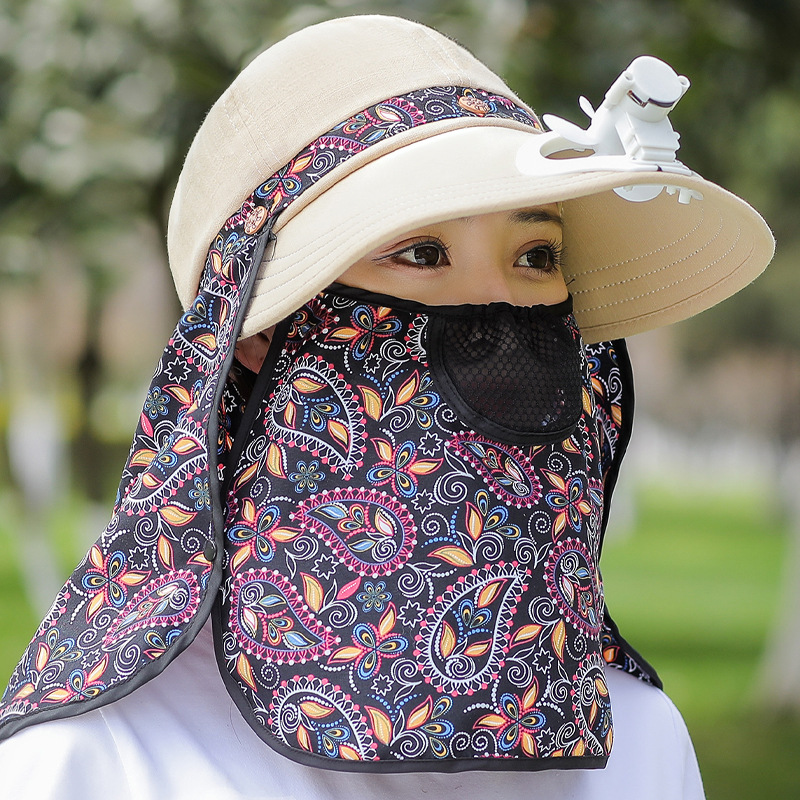 新款田园采茶帽女夏日遮阳防晒防晒遮阳骑行运动碎花带风扇帽子班彼凡