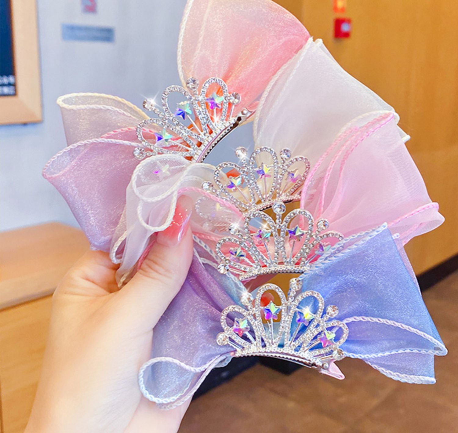 儿童超仙蝴蝶结发夹公主皇冠发卡可爱宝宝立体网纱头饰小女孩发饰酒红