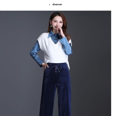 女灯芯绒阔腿裤2021秋冬高腰宽松显瘦加绒加厚垂感条绒直宝蓝色2xl