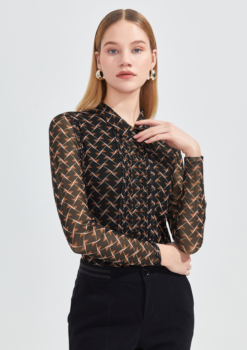 jz玖姿气质翻领透气网纱小衫女2022春季新款压褶复古几何衬衫花黑xs