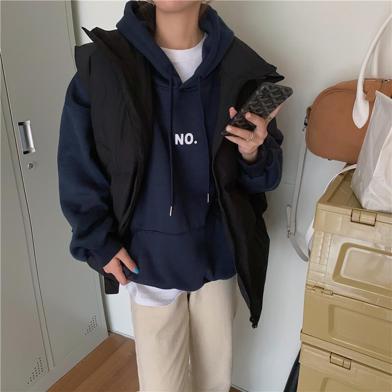 女秋冬季新款外穿面包棉服马夹配加绒连帽卫衣两件套装单件黑色马甲m