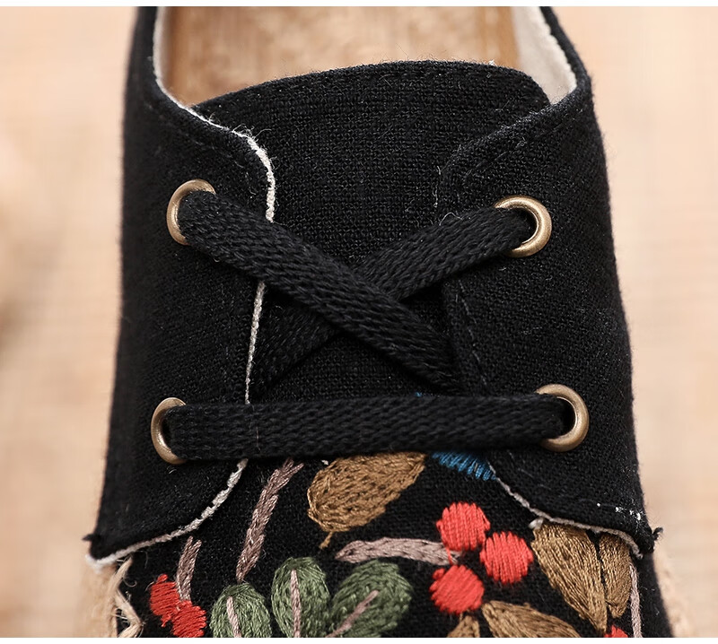 春夏季绣花布鞋女学生单鞋平底一脚蹬懒人鞋亚麻拼接系带渔夫鞋女黑色