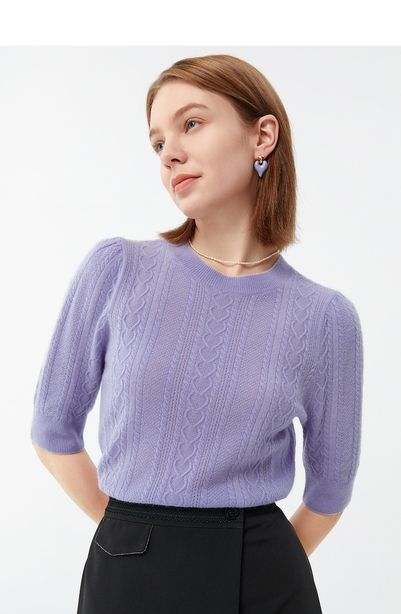 jz玖姿烟灰紫中袖羊毛衫2022春季新款女温柔chic风针织衫甜美毛衣紫色