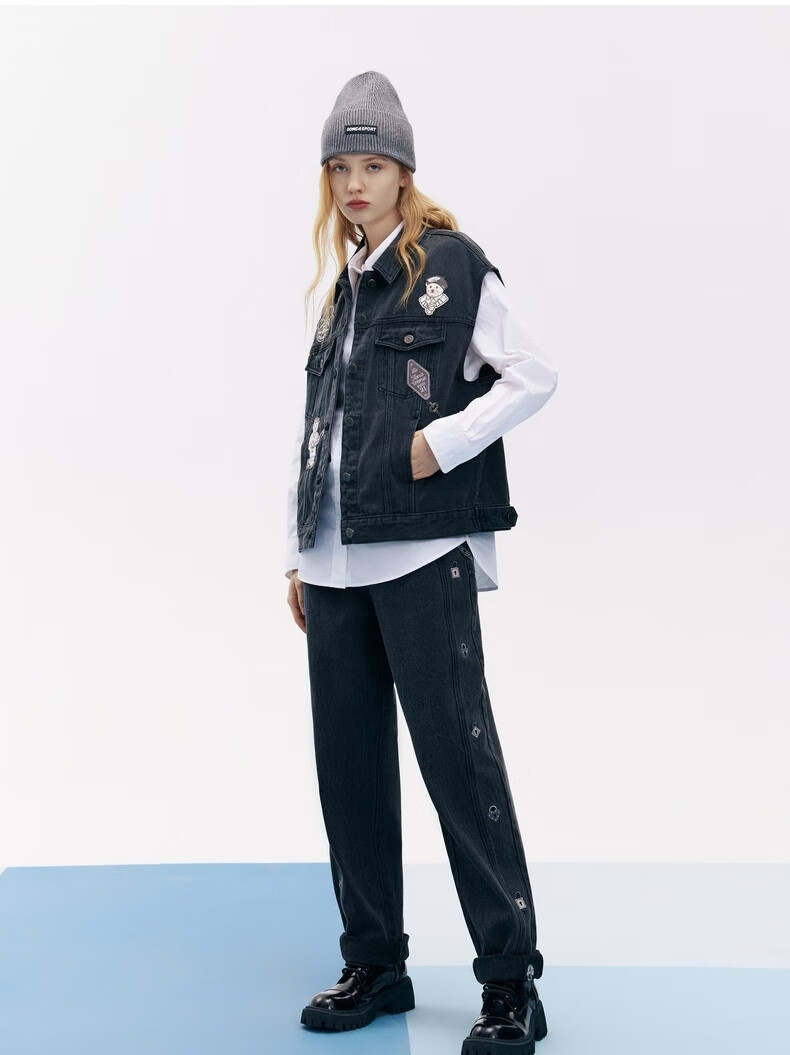 teenieweenie小熊牛仔裤长裤刺绣宽松韩版显瘦老爹裤裤子女装新款黑色