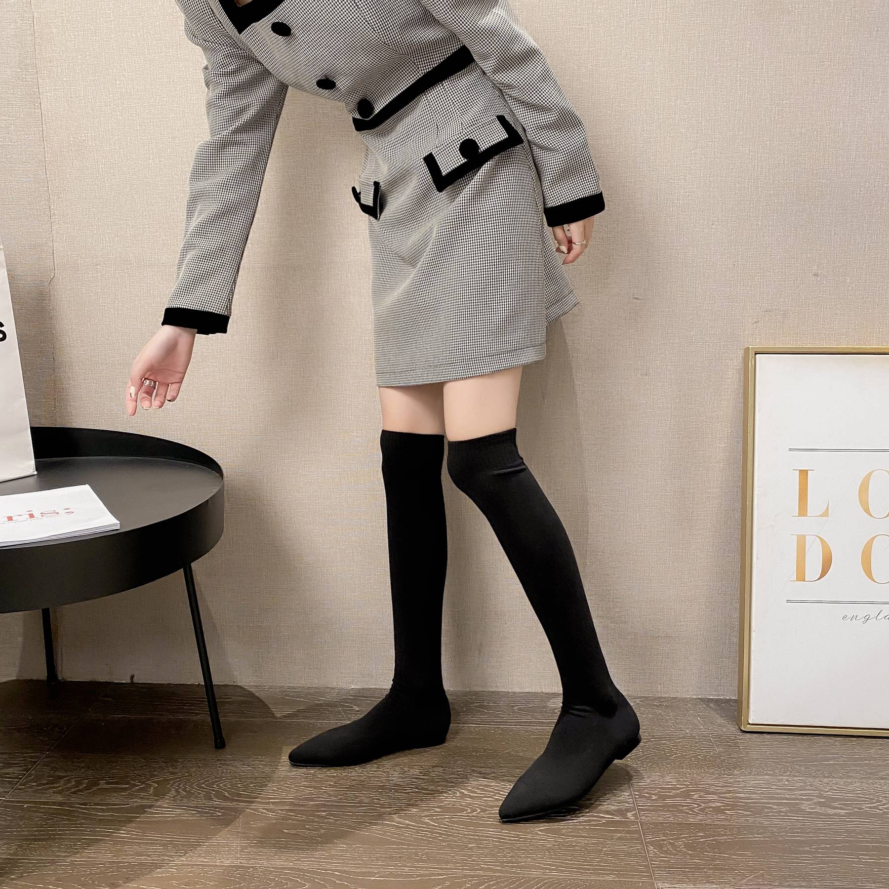 plover袜子靴女2021年秋冬新款弹力长筒靴过膝平底加绒瘦瘦靴针织高筒