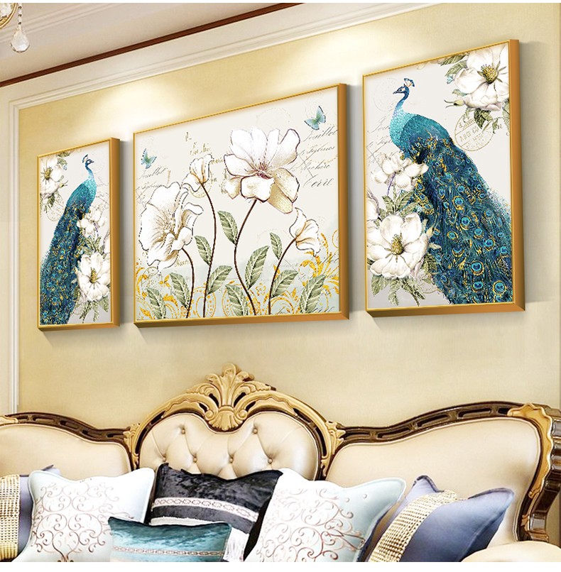 嘉桔欧式客厅装饰画美式乡村沙发背景墙壁画大气孔雀画三联画挂画孔雀
