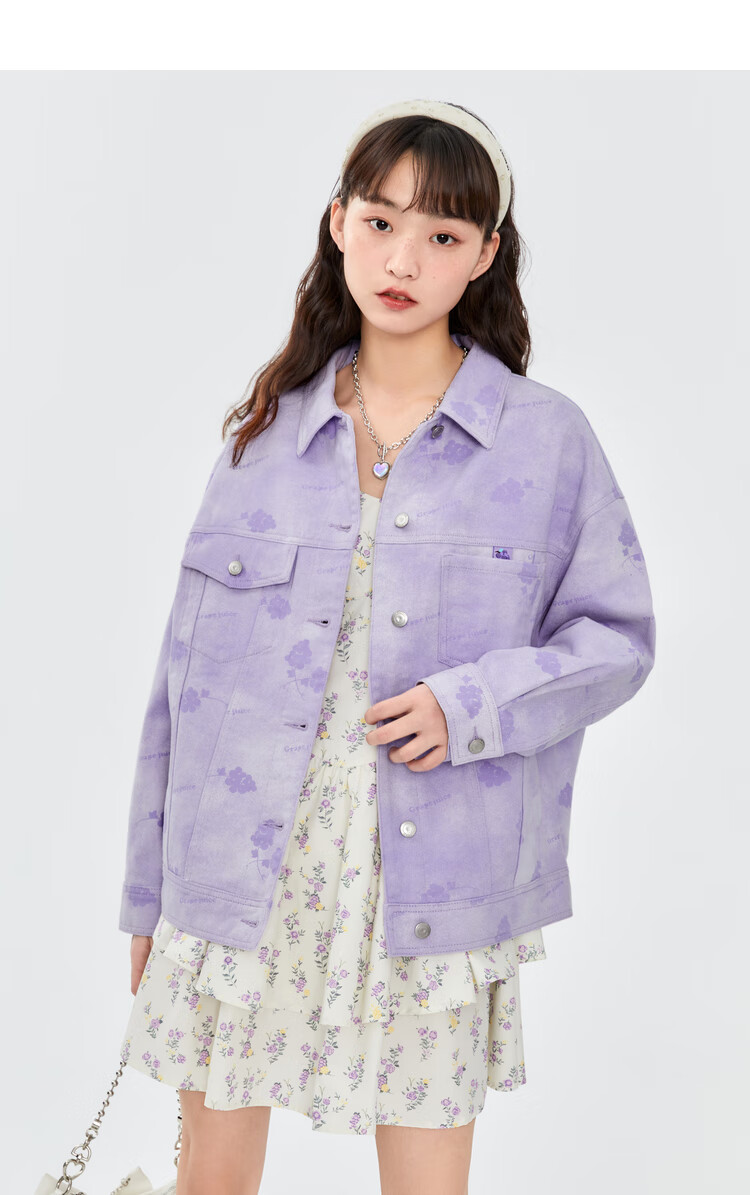 女王节新品乐町休闲牛仔外套2022春季新款满印短外套女宽松紫色现货s