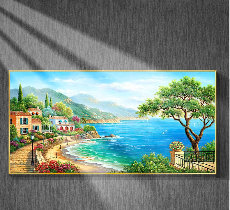 旭泽纯手绘油画定制地中海风格海边风景现代客厅装饰画横版面朝大海挂