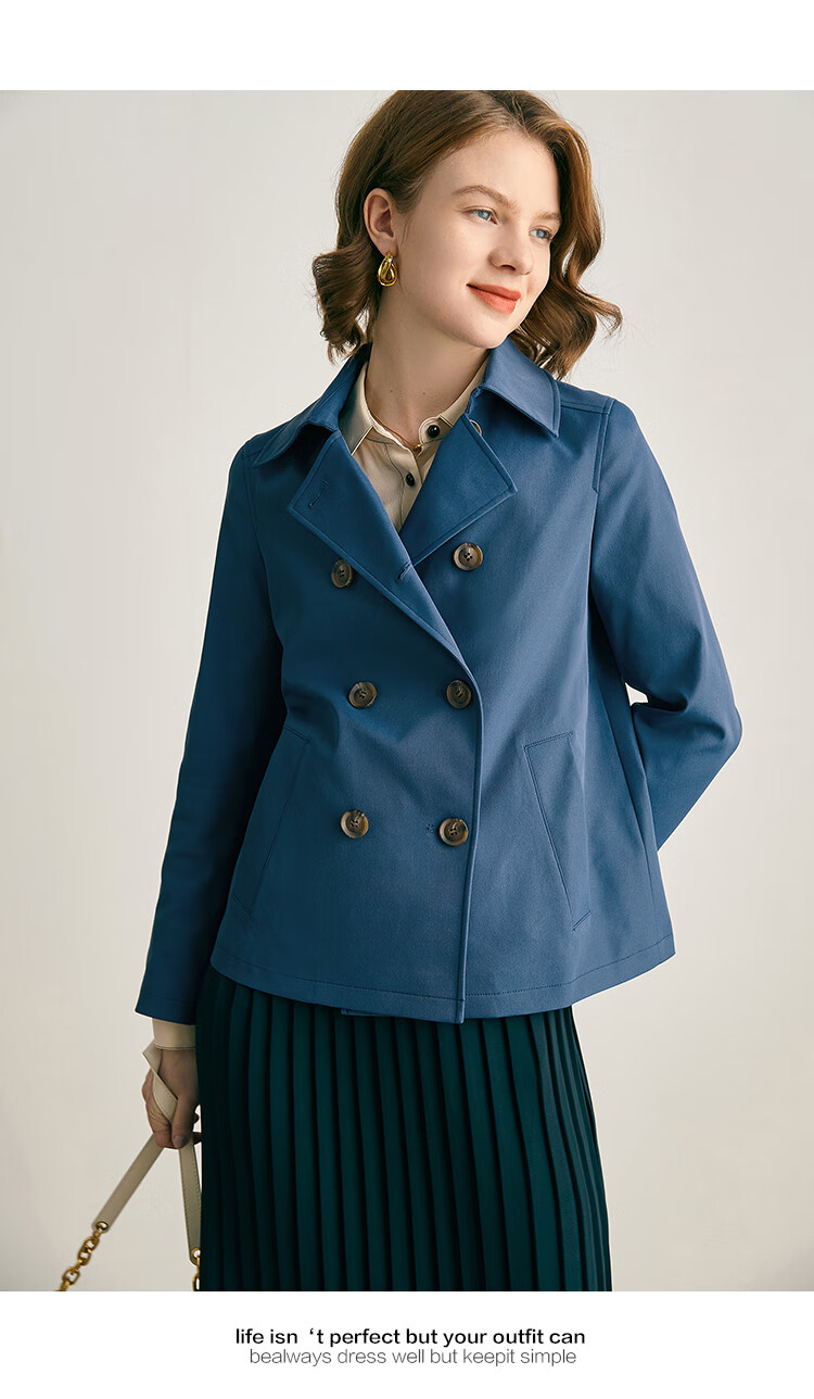 法曼萱深蓝色风衣女短款2022春新款气质时尚设计感简约小个子外套深