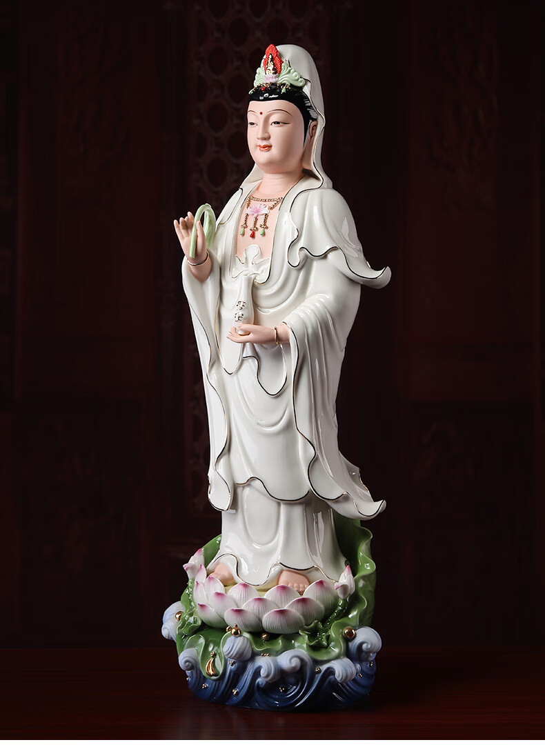 七珍26吋立荷观音佛像摆件陶瓷观世音菩萨立像居家供奉佛堂家用h9610c