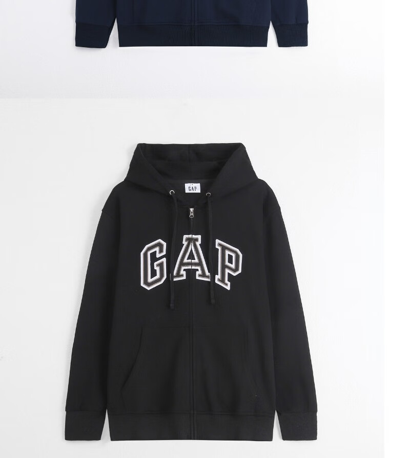 gap连帽拉链外套卫衣logo刺绣秋冬加绒加厚男女同款宽松帽衫 藏蓝色