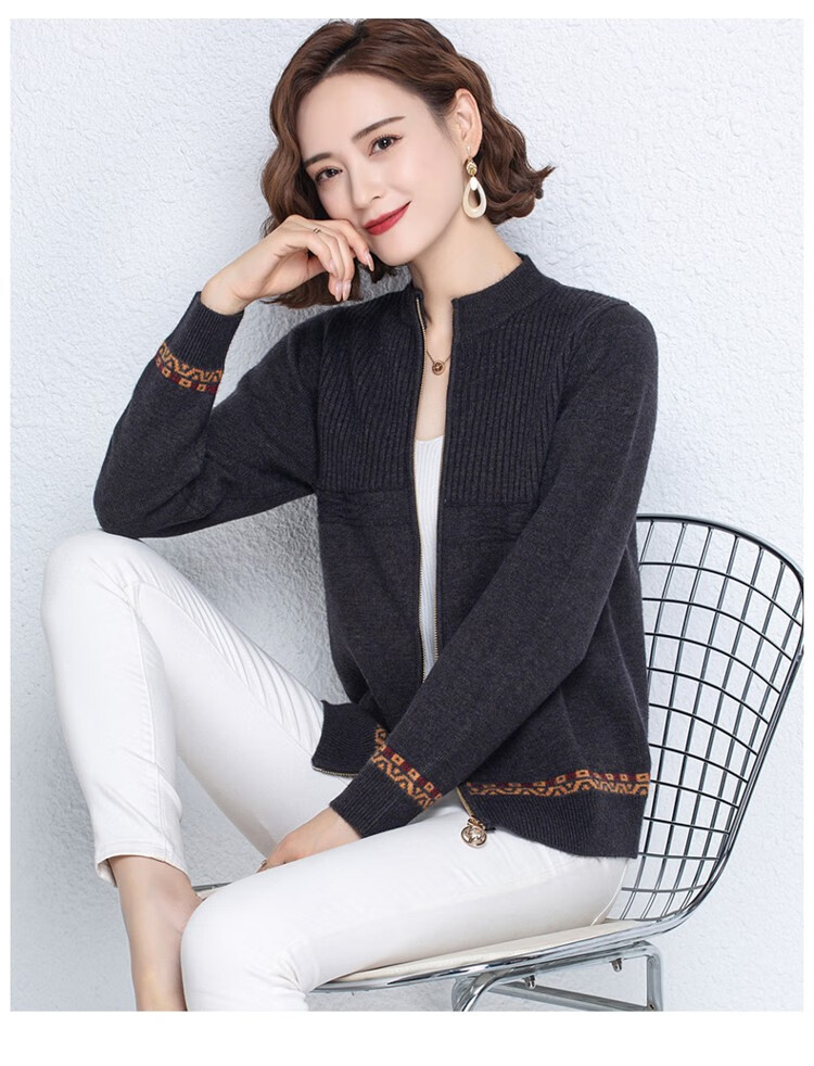 kingdeer鹿王恋雪高端中老年纯羊毛衫女开衫宽松毛衣条纹拉链小外套