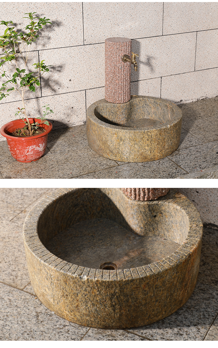 烨琛石头拖把池庭院六方石拖布池阳台卫生间家用水池户外墩布池水盆黄