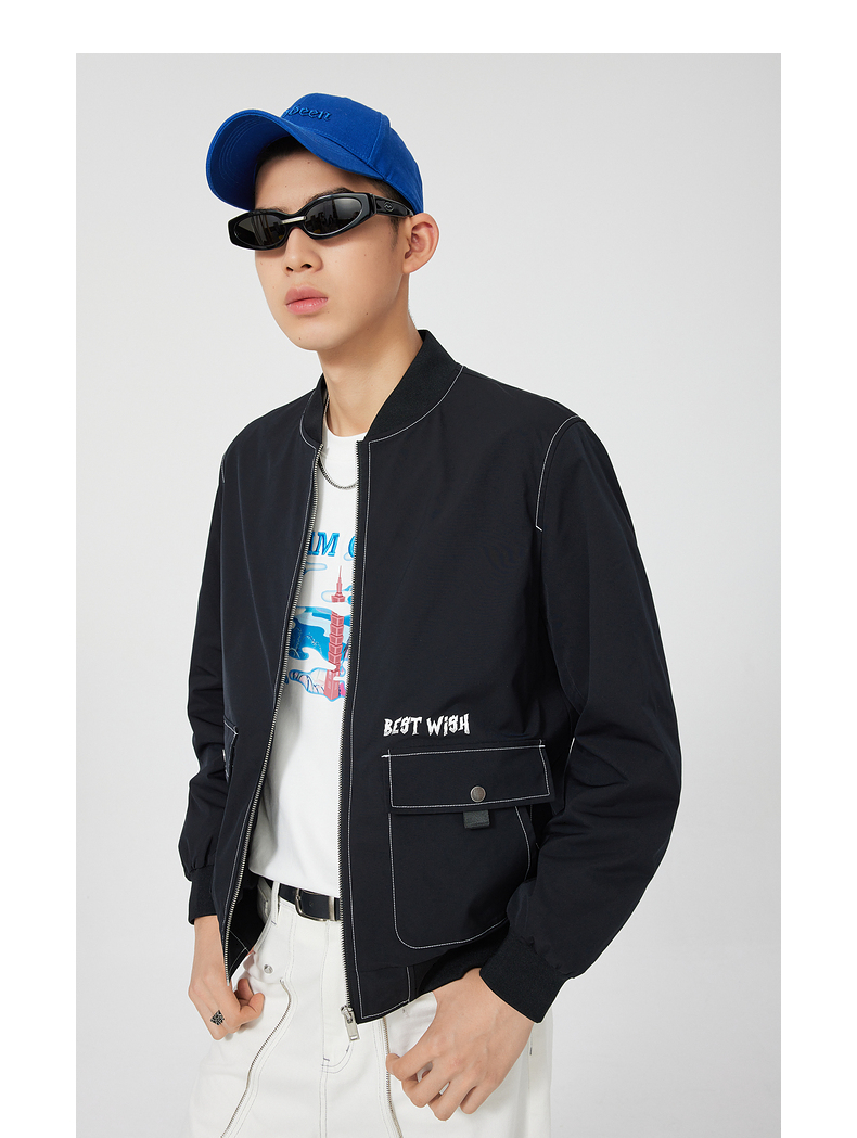 cabbeen卡宾男装黑色夹克男上衣青年衣服外套男士2022春明线工装棒球