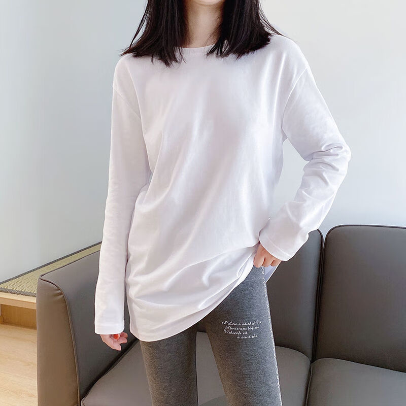 秋冬新款长袖t恤女长袖恤女宽松白色打底衫女秋冬中长款内搭叠穿搭配