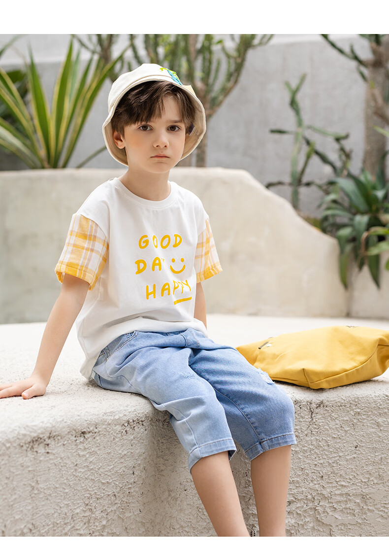 momoco玛米玛卡童装男童短袖2022夏季新款儿童拼接袖简约印花t恤白色