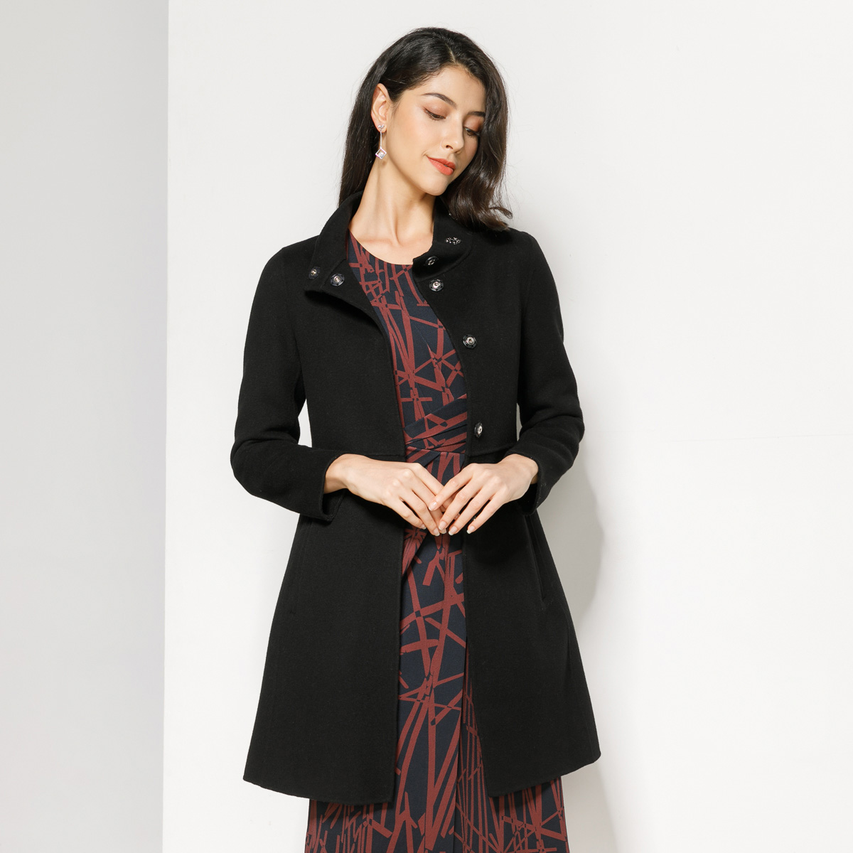 meiermei玫而美毛呢外套女士中长款立领休闲镶钻修身双面呢秋冬羊毛