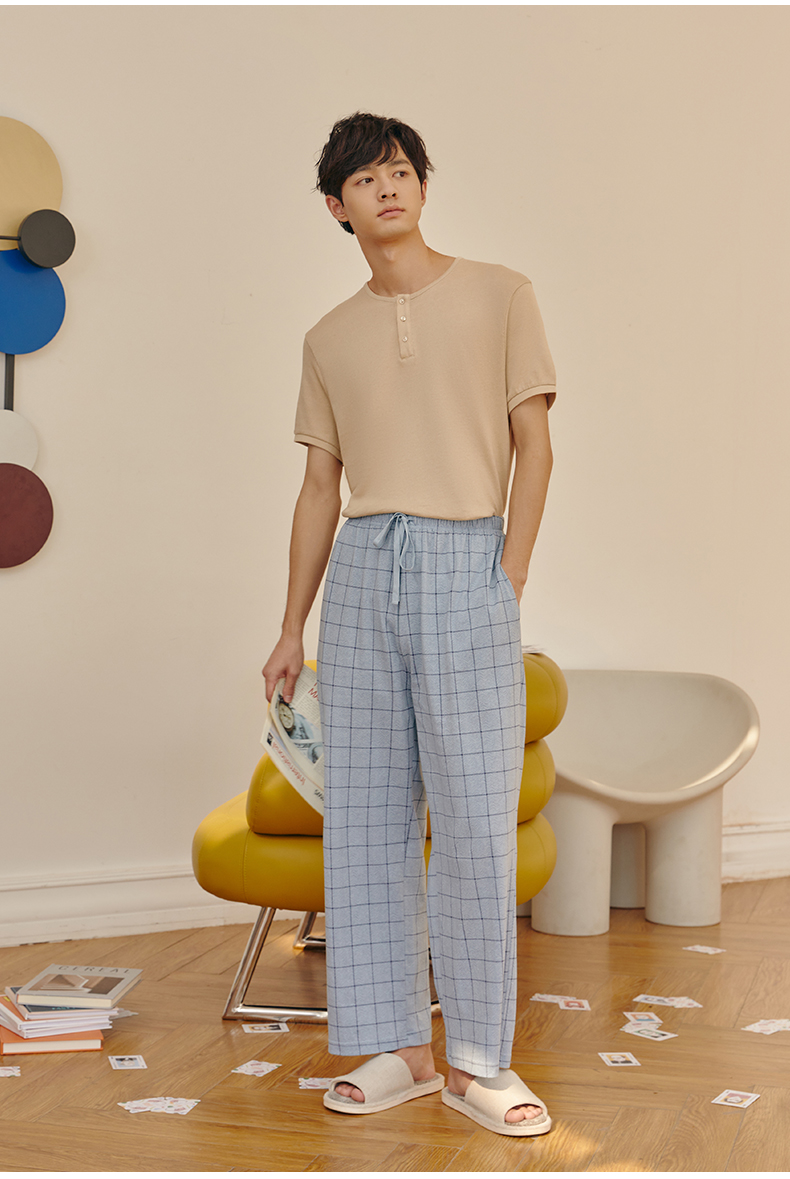 三枪100纯棉男士睡裤男家居裤舒适透气休闲裤可外穿格子印花青年学生