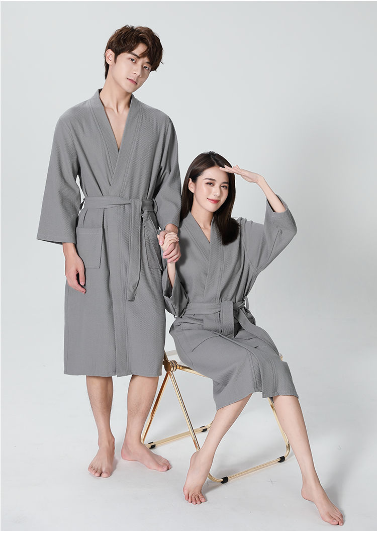hkxn酒店华夫格浴袍男女沐浴吸水浴衣日式汗蒸服情侣睡袍棉一件装灰色