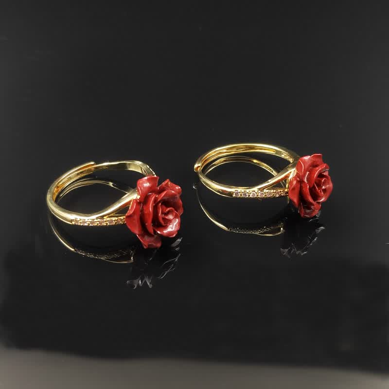红玫瑰花朵戒指戴食指可调节铜镀金银开口高档指环 金色戒托【图片