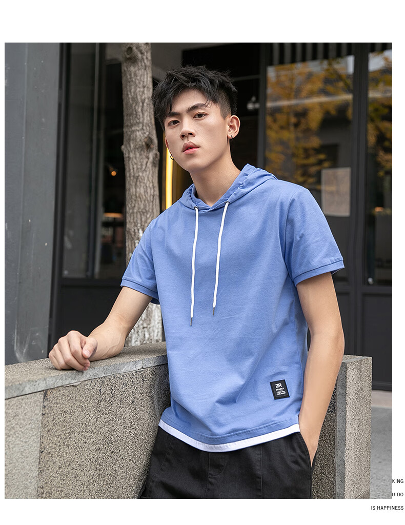 百搭连帽短袖t恤男潮流带帽运动嘻哈上衣帽衫韩版港仔卫衣潮白色m165