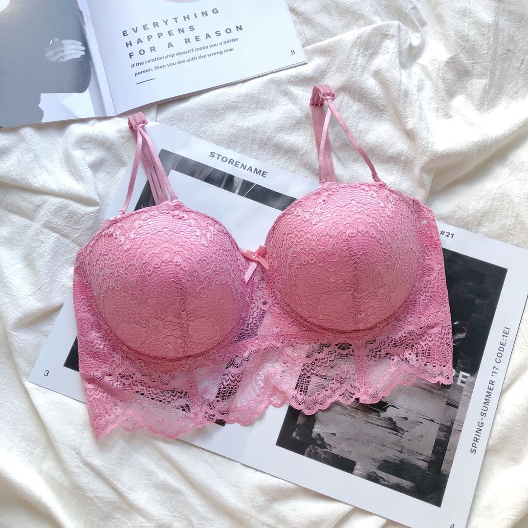 调整型半杯大码性感女内衣透气舒适聚拢收副乳防下垂蕾丝文胸套装粉红