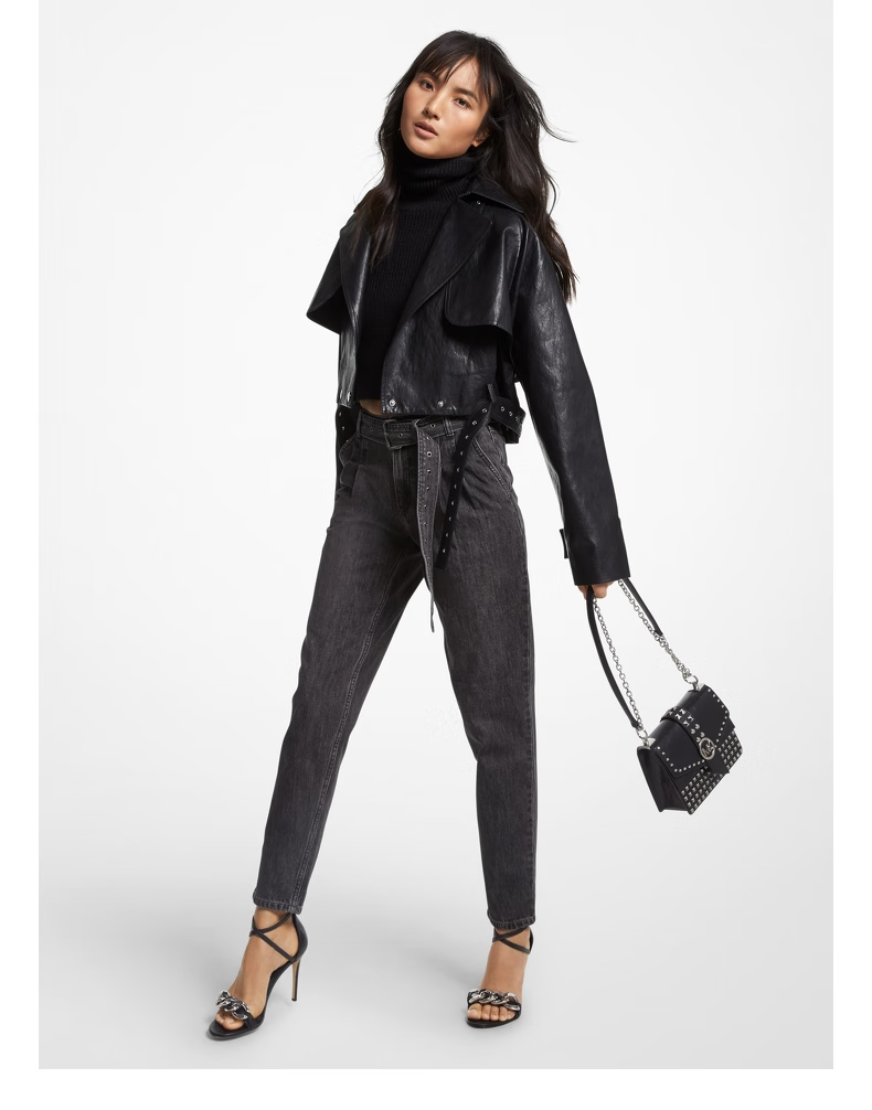 mk 皮质翻领短款机车夹克休闲外套上衣女装 michael kors 黑色 001 xs