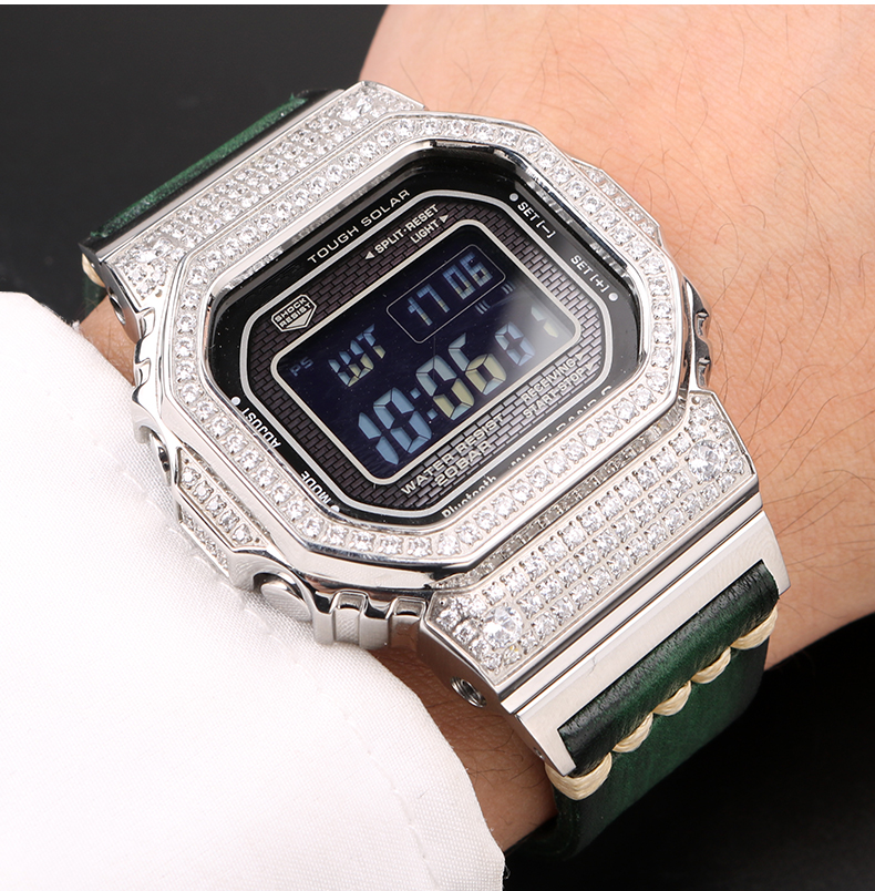 适配卡西欧35周年gmwb5000系列小银块金砖改装复古真皮手表带黑色银色