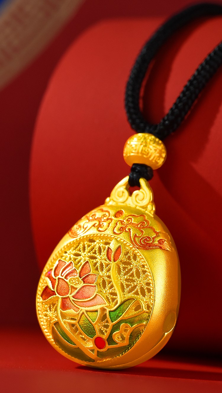 凤禧珠宝黄金吊坠时尚足金项链女足金珐琅莲花六字真言福莲吊坠送妈妈