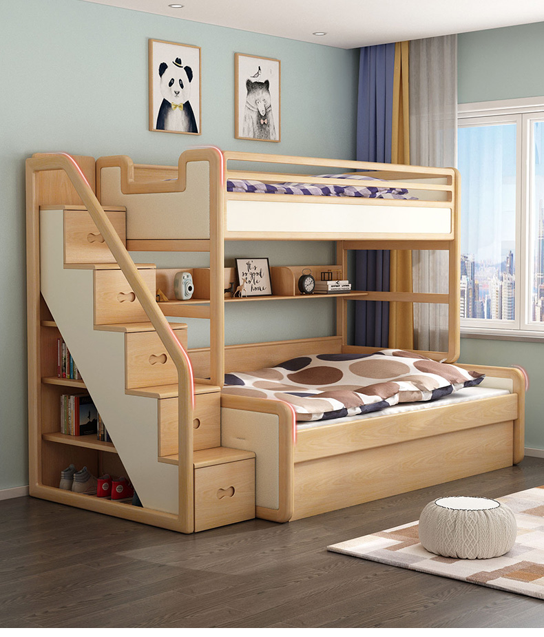 优漫居实木上下床安全弧儿童床多功能高低床白蜡木水性漆双层床上下床