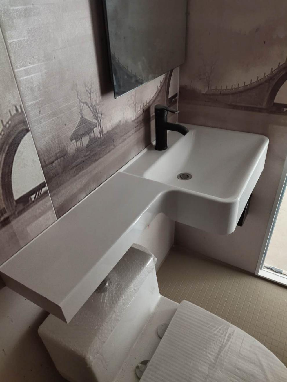 宾馆整体卫生间非陶瓷smc一体台盆p型面盆洗手盆挂墙式1200左盆一米二