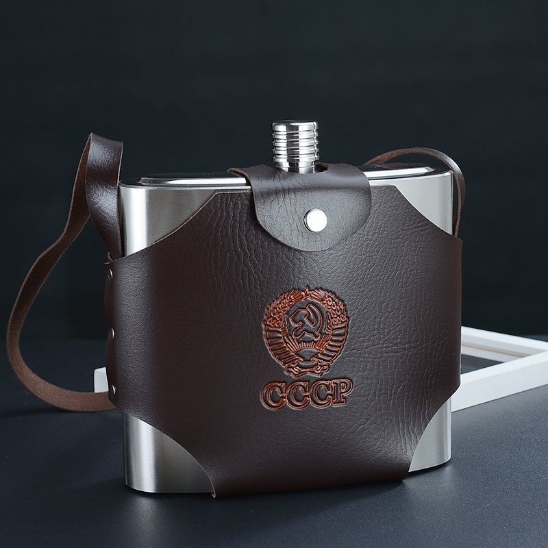 行军壶酒壶便携式酒壶俄罗斯酒壶35斤5斤10斤201不锈钢半斤配皮套漏斗