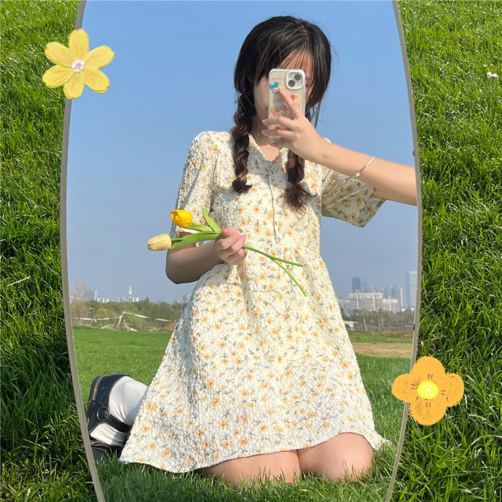 利碟leeddieo碎花连衣裙少女夏装202新款初中高中学生日系学院风甜美