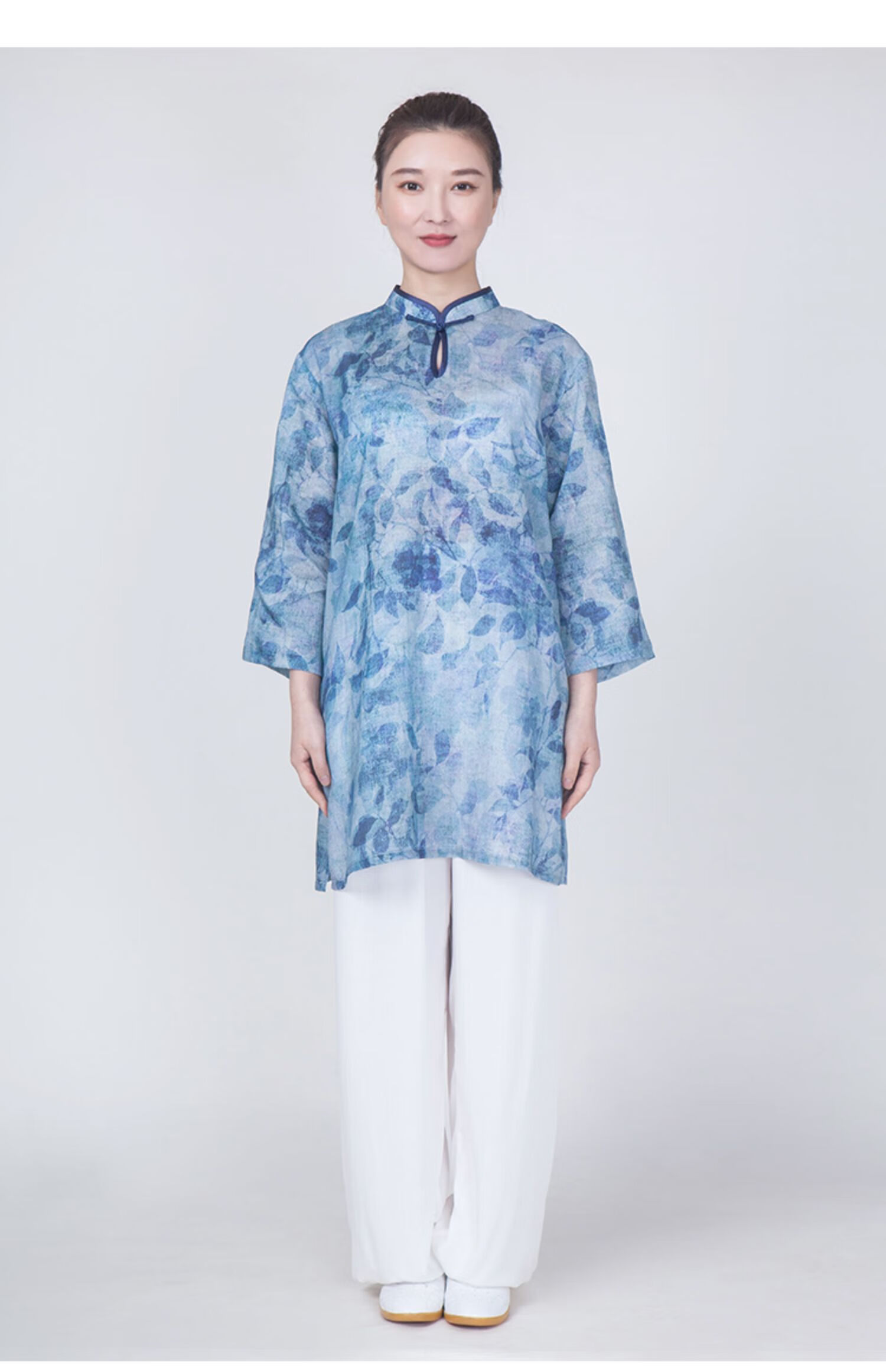 太极服女装新款夏天棉麻苎麻薄太极拳练功服女服装中长款夏季琉璃蓝