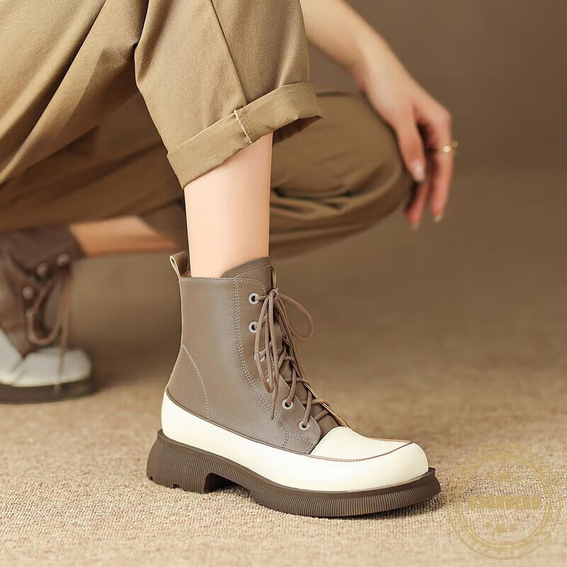 拼接马丁靴女2022秋冬新款复古系带英伦风粗跟短靴女 卡其色【单里】