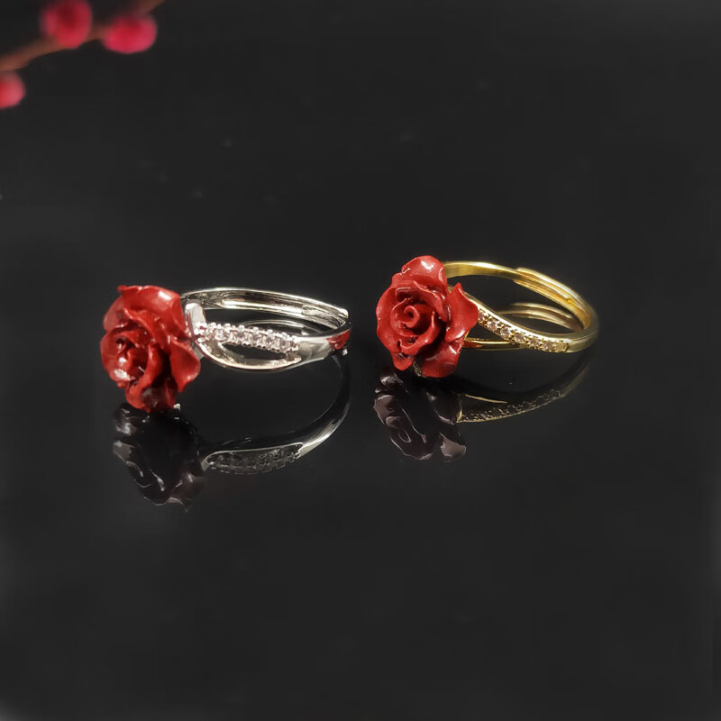 红玫瑰花朵戒指戴食指可调节铜镀金银开口高档指环 金色戒托【图片