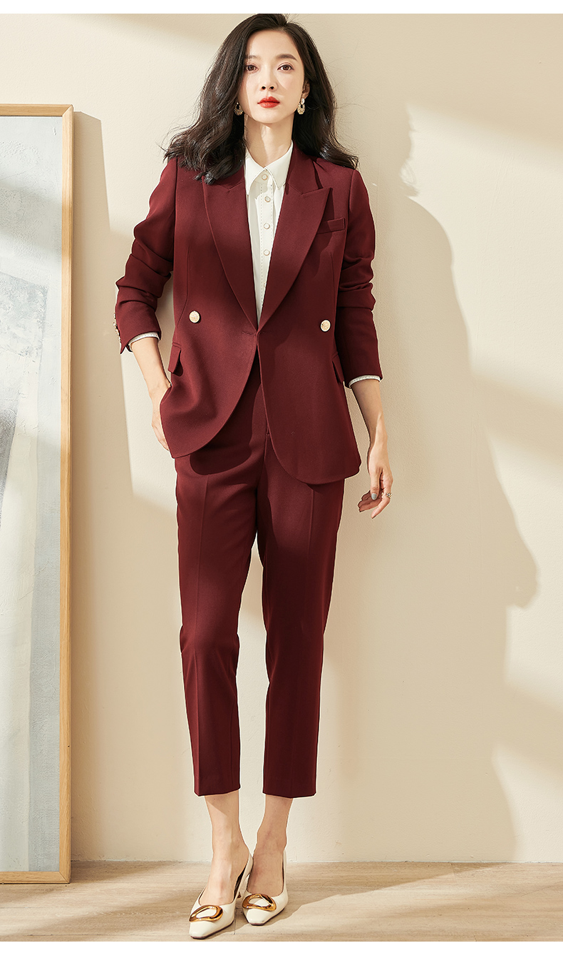 米思阳2022春季新款时尚套装酒红色双排扣职场西装西裤两件套0018 酒