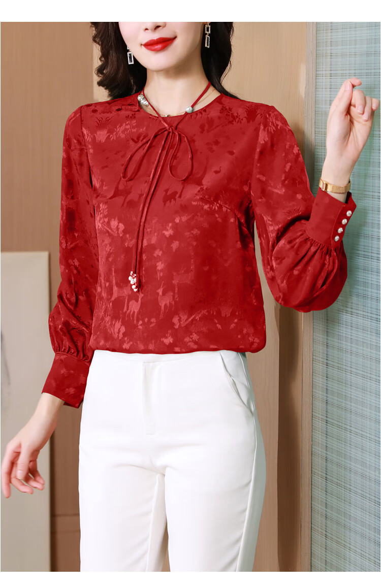 ubnb国际高档品牌进口品质红色真丝提花小衫女2022春季新款时尚长袖