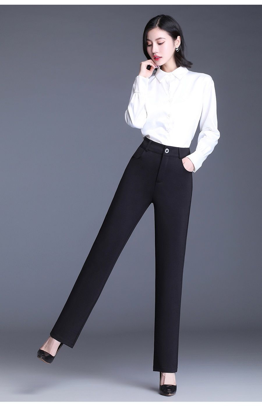 裤女工装直筒裤弹力黑色时尚百搭气质高腰显瘦裤子黑色加绒款s8095