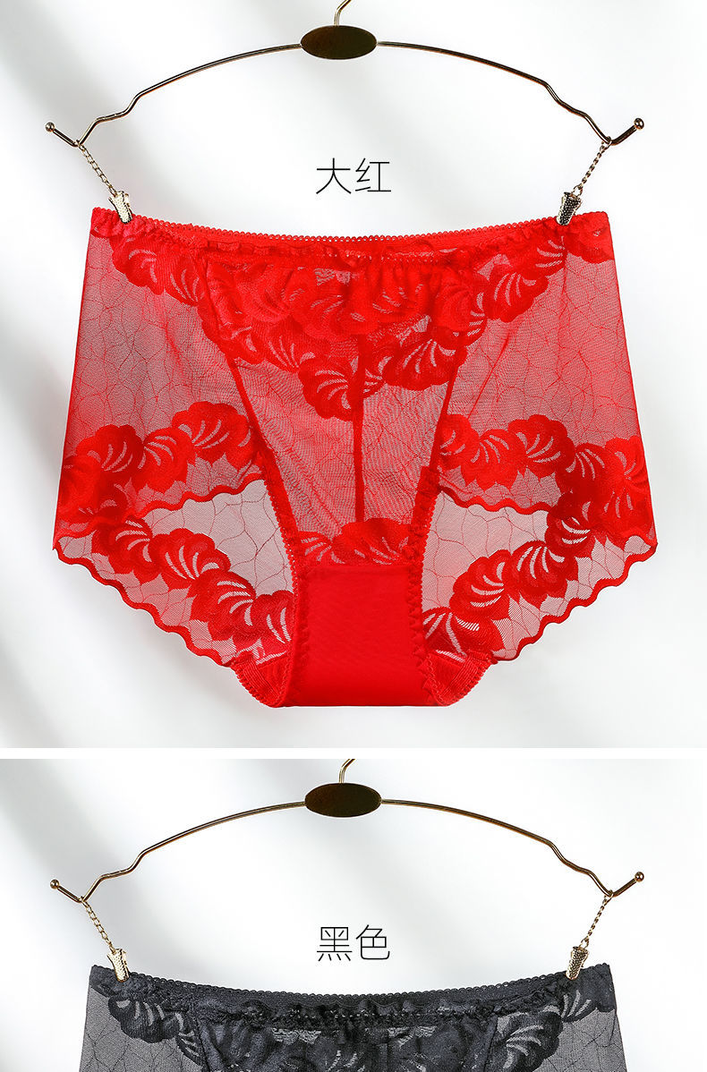 顶瓜瓜本命年大红蕾丝内裤女高腰大码性感网纱提臀纯棉档三角裤大红色