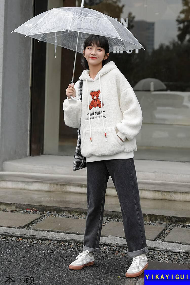 秋冬季加绒加厚卫衣少女生冬装2021新款初中生高中生大学生宽松连帽上