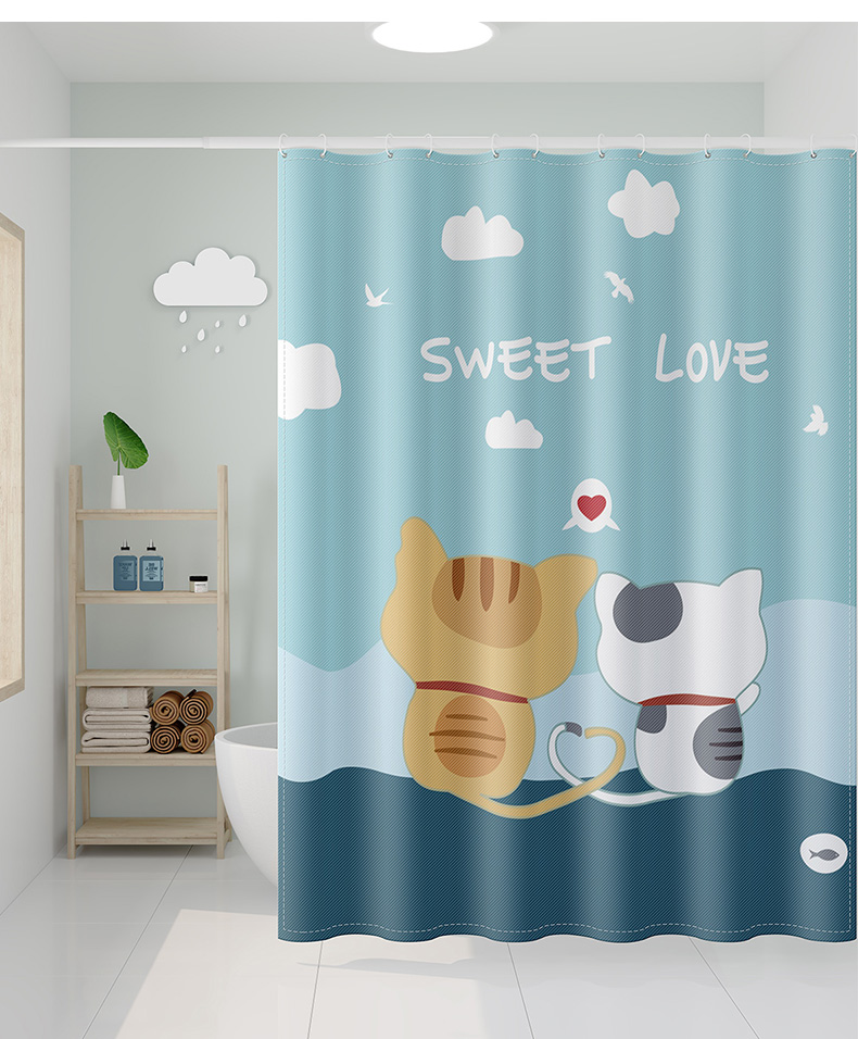 dwiray萌趣卡通浴帘浴室套装防水布艺免打孔卫生间帘子挡水隔断帘洗澡